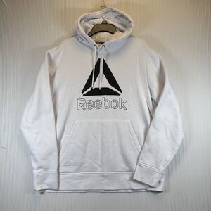 Reebok Active Delta Fleece Hoodie Mens Large White Pullover Kangaroo‎ Pocket
